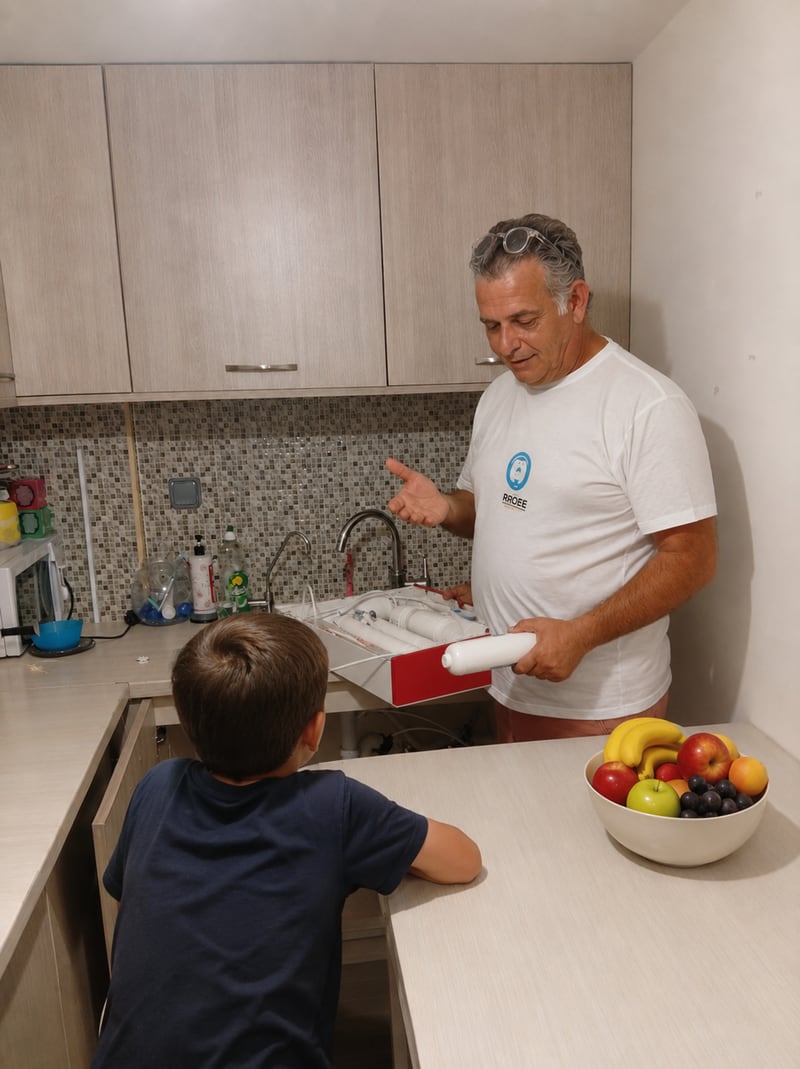 A technician at a tap while a child watches